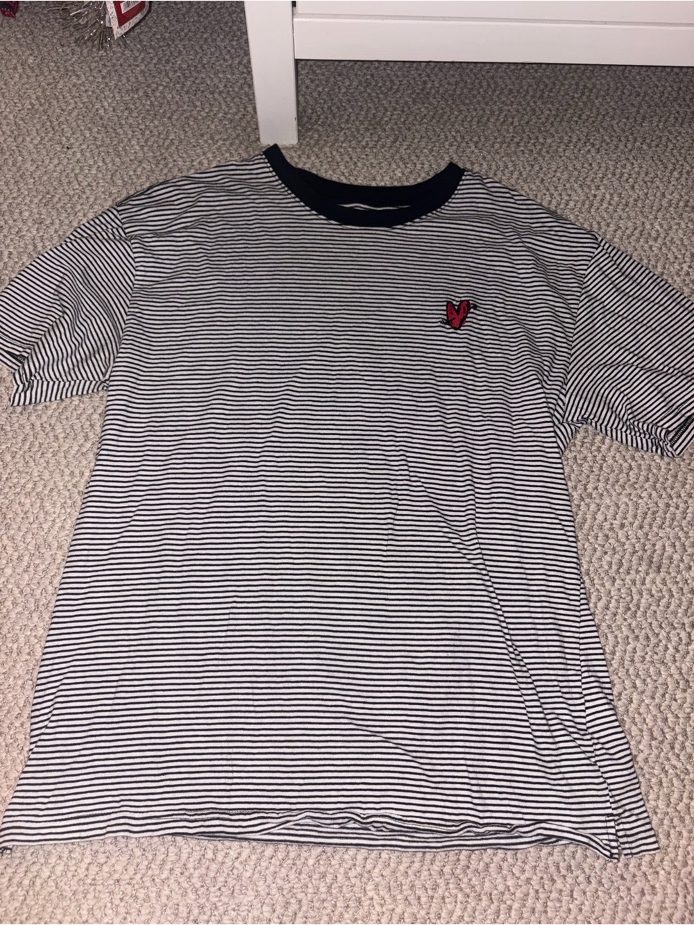 PacSun Black & White Striped Crewneck Tee with Red Heart Patch